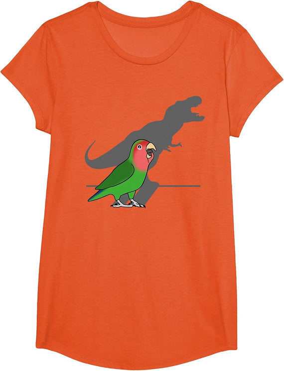 Funny Dinosaur T-Rex Shadow Rosy Faced Green Lovebird T-Shirt - Girls Orange