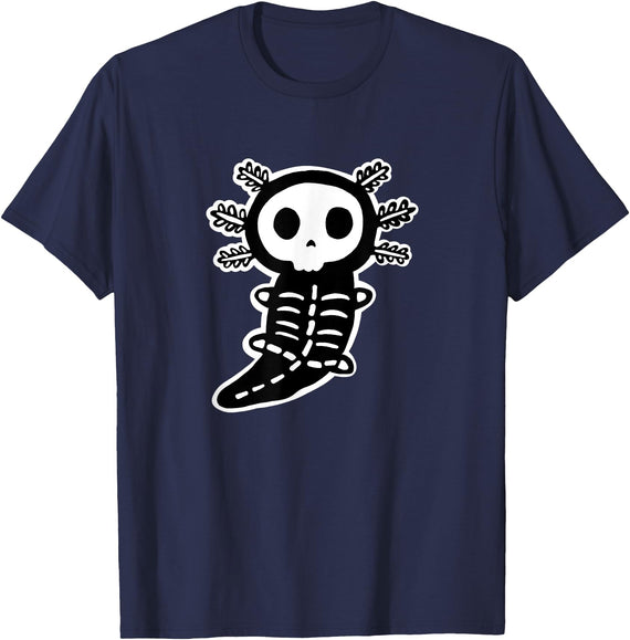 Catumet Kawaii Halloween Axolotl Skeleton Kawaii T-Shirt - Navy Blue