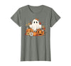 Ghost Halloween Flower Costume Floral Women Cute Ghost with Flower Halloween Pumpkin Autumn Women T-Shirt - size chart