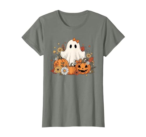 Ghost Halloween Flower Costume Floral Women Cute Ghost with Flower Halloween Pumpkin Autumn Women T-Shirt - size chart