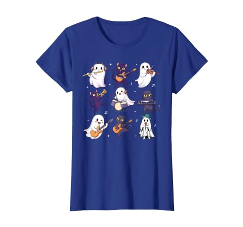 Halloween Music Teacher Ghost Music Lover Cute Ghost Cat Playing Musical Halloween Music Teacher T-Shirt - size chart