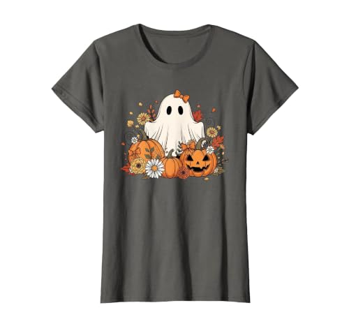 Ghost Halloween Flower Costume Floral Women Cute Ghost with Flower Halloween Pumpkin Autumn Women T-Shirt - size chart
