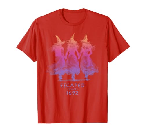 Escaped Since 1692 Halloween Escaped Since 1692 Funny Witch Halloween Design T-Shirt - size chart