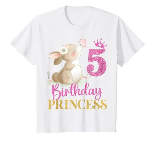 Kids 5th Birthday Rabbit Princess Girl Bunny 5 Years Old T-Shirt — design detail