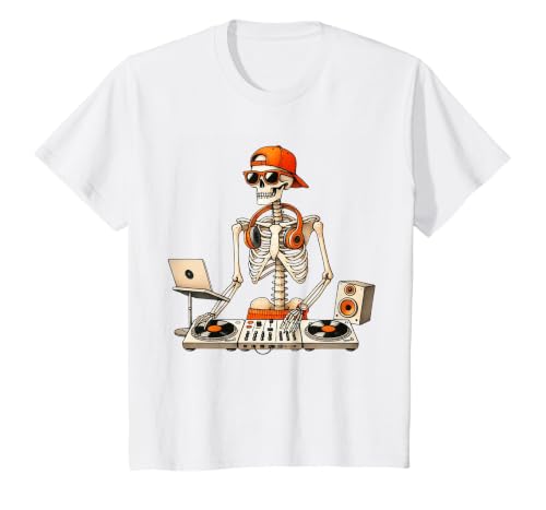 Funny Skeleton DJ Halloween Men Outfit Skeleton DJ Halloween Costume Turntable Music Funny Men Boys T-Shirt - size chart