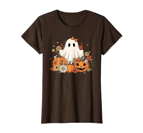 Ghost Halloween Flower Costume Floral Women Cute Ghost with Flower Halloween Pumpkin Autumn Women T-Shirt - size chart