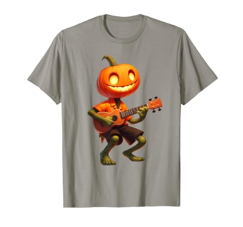 Funny Pumpkin Head Halloween Ukulele Tees Pumpkin Face Playing Ukulele Halloween Costume Men Boys Kids T-Shirt - size chart