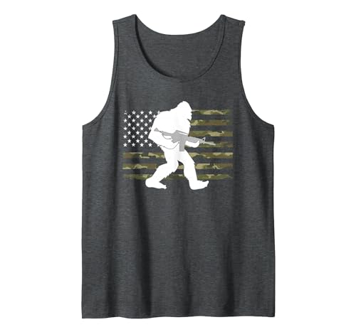 2nd Amendment Right to Bear Arms Camouflage Guns Bigfoot Gun Owner Camo US American Flag Sasquatch AR15 Rifle Tank Top - size chart