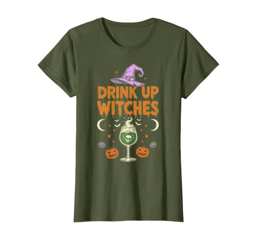 Funny Halloween Tees for Men Women Kids. Drink Up Witches Purple Hat Funny Halloween Men Women T-Shirt - size chart