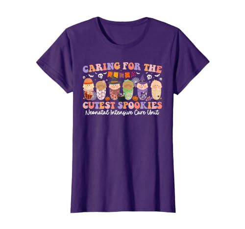 Halloween NICU Nurse Neonatal Intensive Care Caring for The Cutest Little Spookies NICU Nurse Halloween T-Shirt - size chart