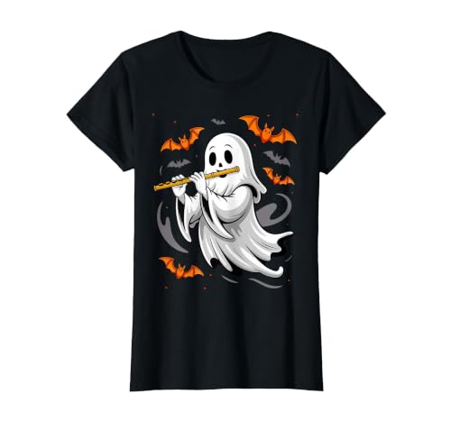 Ghost Halloween Lover Gift Co. Boo Ghost Playing Flute Halloween Musical Instrument T-Shirt - size chart