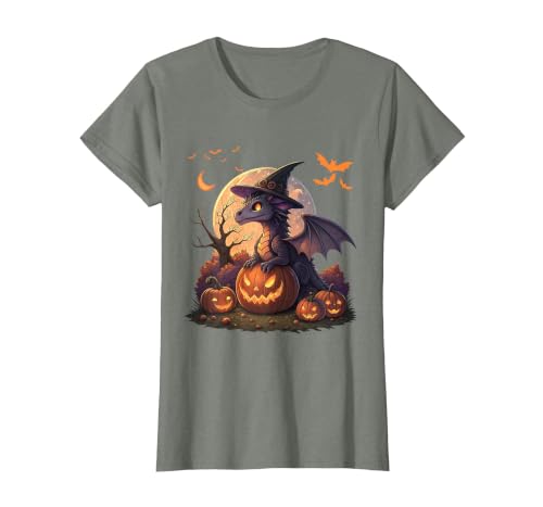 Halloween Dragons Fantasy Spooky Witchy Cute Halloween Dragon Witch Hat Pumpkin Moon Fantasy T-Shirt - size chart