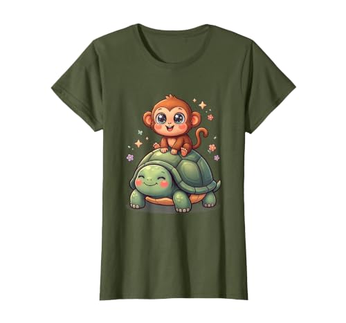 Mademark Small Monkey Riding Giant Tortoise Funny Animal Art T-Shirt - Women - size chart