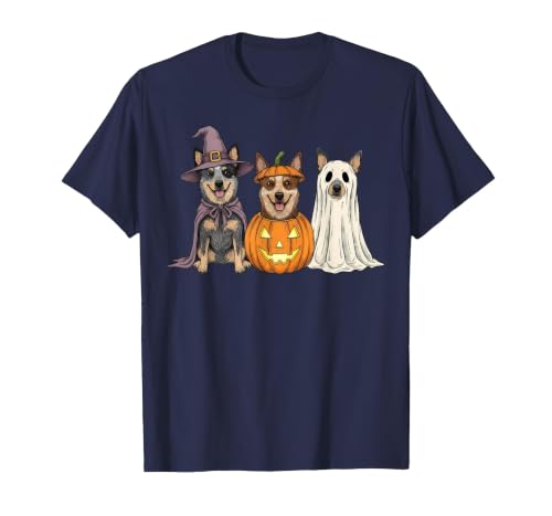 Funny Retro Australian Cattle Dog Halloween Witch Spooky Ghost Blue Heeler Pumpkin Halloween Dog Lover T-Shirt - size chart