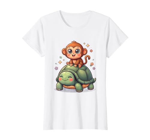 Mademark Small Monkey Riding Giant Tortoise Funny Animal Art T-Shirt - Women - size chart