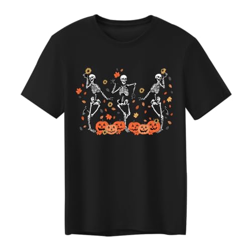 CAZYCHILD Halloween Shirts for Men Funny Halloween Pumpkin Shirt Dancing Skeleton Tee - size chart