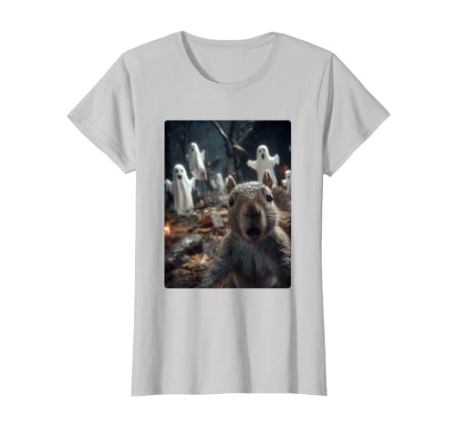 Funny Halloween Animals Selfies Clothing Funny Squirrel Selfie with Ghosts Haunted Forest Halloween T-Shirt - size chart