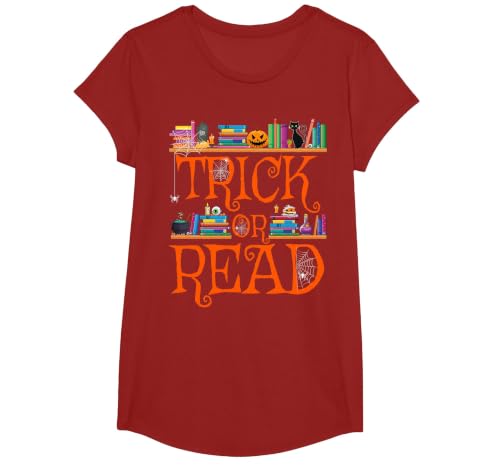 Trick or Read Funny Halloween Teacher Book Library Reading T-Shirt - size chart