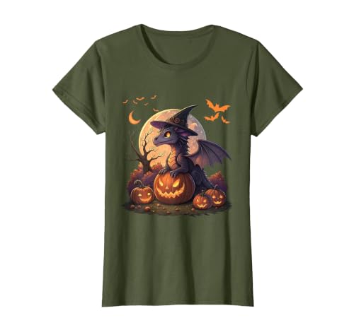 Halloween Dragons Fantasy Spooky Witchy Cute Halloween Dragon Witch Hat Pumpkin Moon Fantasy T-Shirt - size chart
