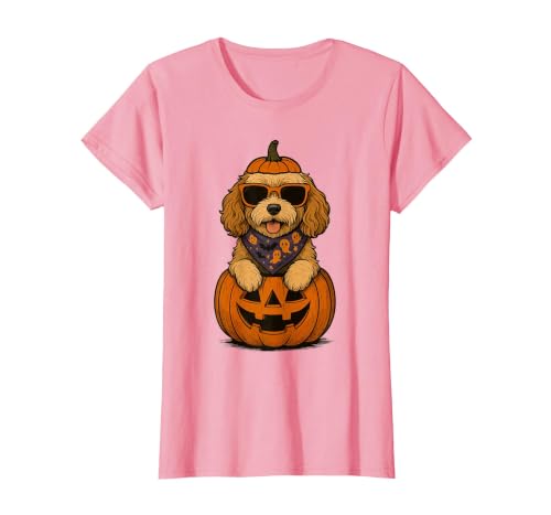 Funny Retro Maltipoo mom Halloween Spooky Cavapoo Pumpkin Halloween Doodle Dog Lover T-Shirt - size chart