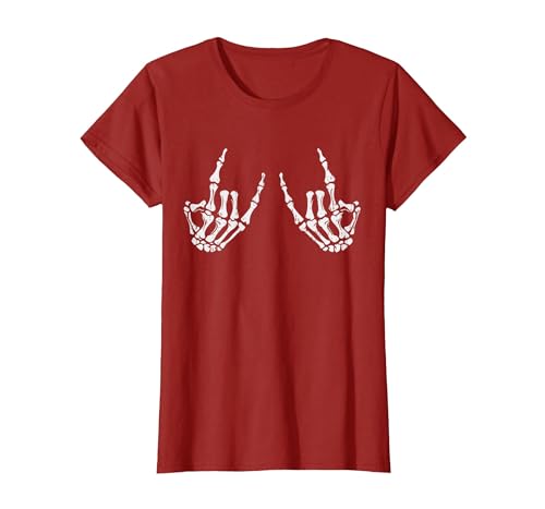 Halloween Tees for Women Men Kids Rocker Hand Sign Rock Skeleton Halloween Costume Men Women T-Shirt - size chart
