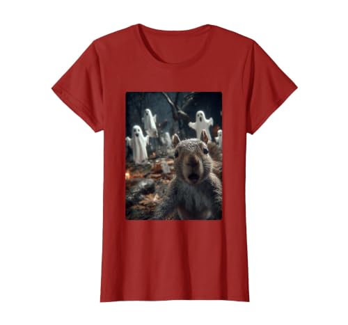 Funny Halloween Animals Selfies Clothing Funny Squirrel Selfie with Ghosts Haunted Forest Halloween T-Shirt - size chart