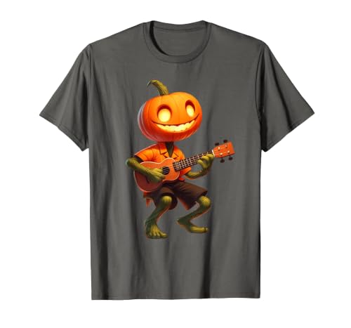 Funny Pumpkin Head Halloween Ukulele Tees Pumpkin Face Playing Ukulele Halloween Costume Men Boys Kids T-Shirt - size chart