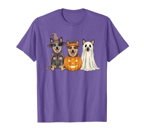 Funny Retro Australian Cattle Dog Halloween Witch Spooky Ghost Blue Heeler Pumpkin Halloween Dog Lover T-Shirt - size chart