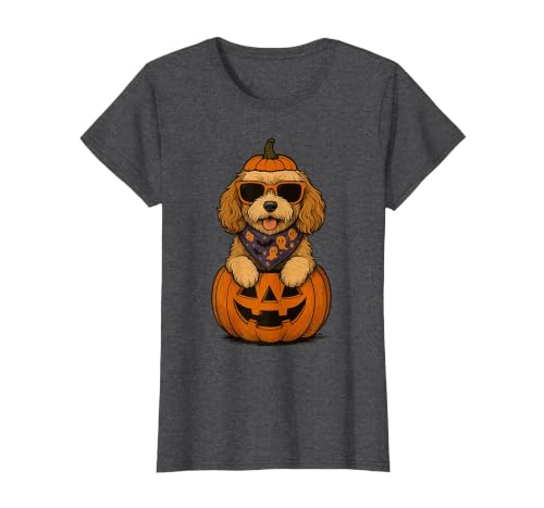 Funny Retro Maltipoo mom Halloween Spooky Cavapoo Pumpkin Halloween Doodle Dog Lover T-Shirt - size chart