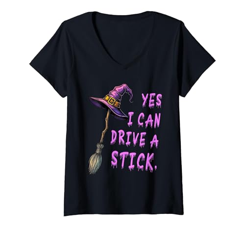 Halloween Spooky Season Women's Yes I Can Drive A Stick Funny Witch Hat Halloween Funny V-Neck T-Shirt - size chart