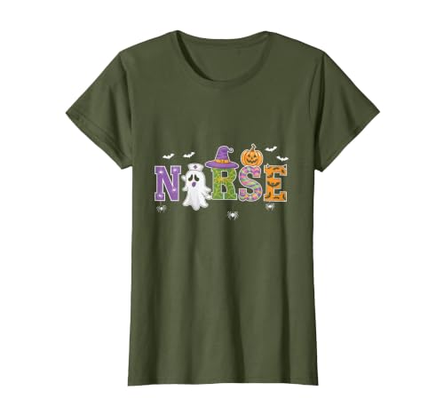 Halloween Nurse Costume Scrub Top Ghost Pumpkin Nurse Halloween Ghost Pumpkin Costume Nurse Halloween T-Shirt - size chart