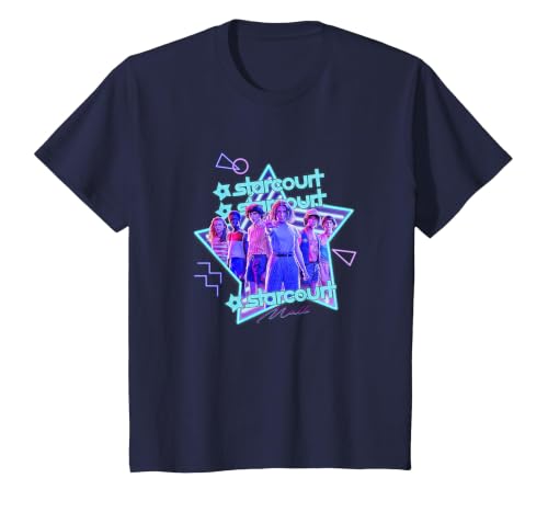 Stranger Things Starcourt Mall Vintage Neon Group Portrait T-Shirt - size chart