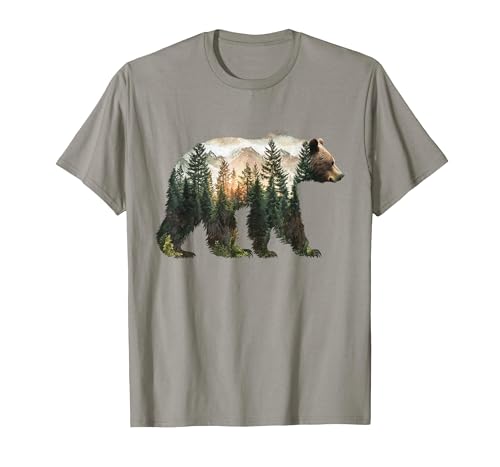 Bear Designs. Bear Forest Mountains Trees Nature Sunset Outdoor Graphic T-Shirt - size chart