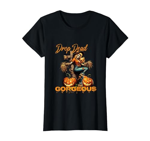 Evil Hot Wife Girlfriend Fiance Halloween Gift Tee Drop Dead Gorgeous Retro Vintage Pin-Up Scarecrow Halloween T-Shirt -