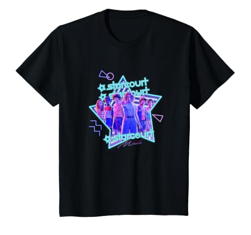 Stranger Things Starcourt Mall Vintage Neon Group Portrait T-Shirt - size chart