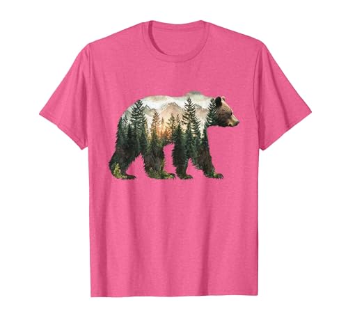 Bear Designs. Bear Forest Mountains Trees Nature Sunset Outdoor Graphic T-Shirt - size chart