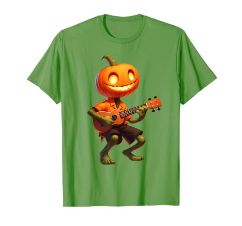 Funny Pumpkin Head Halloween Ukulele Tees Pumpkin Face Playing Ukulele Halloween Costume Men Boys Kids T-Shirt - size chart