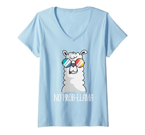 Llama Life Apparel Women's No Prob-Llama No Problem Cute Funny Cool Llama Alpaca V-Neck T-Shirt - size chart