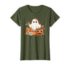 Ghost Halloween Flower Costume Floral Women Cute Ghost with Flower Halloween Pumpkin Autumn Women T-Shirt - size chart