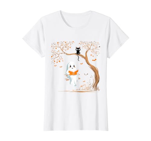 Halloween Ghost Swing Reading Vintage Ghost Swing Reading Book Swinging Halloween Costume T-Shirt - size chart