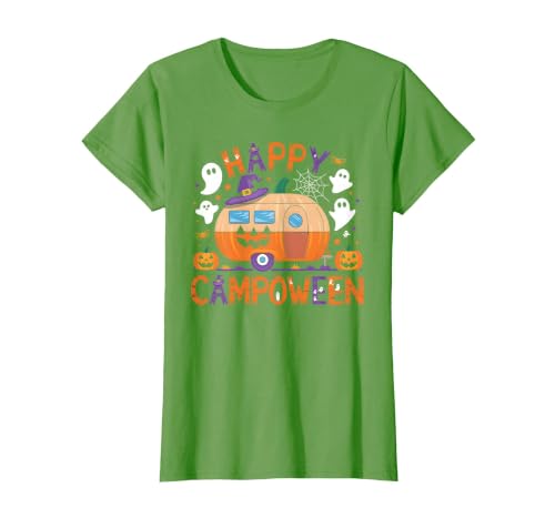 Spooky Camp-O-Ween Ghosts and Campfire Apparel Happy Camp-O-Ween Halloween Camping Ghosts and Campfires T-Shirt - size chart