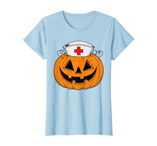 Halloween Tees for Women Men Kids Funny Pumpkin Nurse Scary Halloween Costume RN CNA ICU Women T-Shirt - size chart