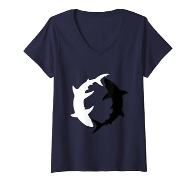 Women's Yin Yang Sharks Ocean Balance Graphic V-Neck T-Shirt