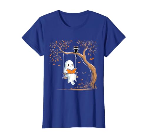 Halloween Ghost Swing Reading Vintage Ghost Swing Reading Book Swinging Halloween Costume T-Shirt - size chart