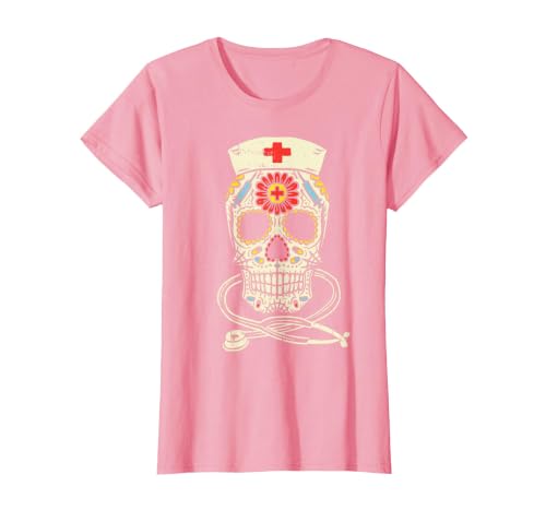 Halloween Nurse Shirts For Women Scrub Costumes Nurse Sugar Skull Stethoscope RN Medical Halloween Costume T-Shirt - size