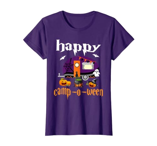 Camping camper Halloween Costume Apparel co Happy Camp-O-Ween Halloween Camping Camper T-Shirt - size chart