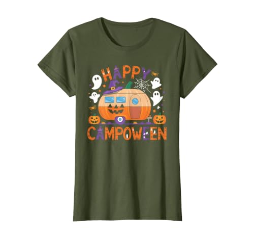 Spooky Camp-O-Ween Ghosts and Campfire Apparel Happy Camp-O-Ween Halloween Camping Ghosts and Campfires T-Shirt - size chart