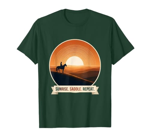 Mademark Sunrise Saddle Repeat Horse Rider Silhouette Design T-Shirt - Men - size chart