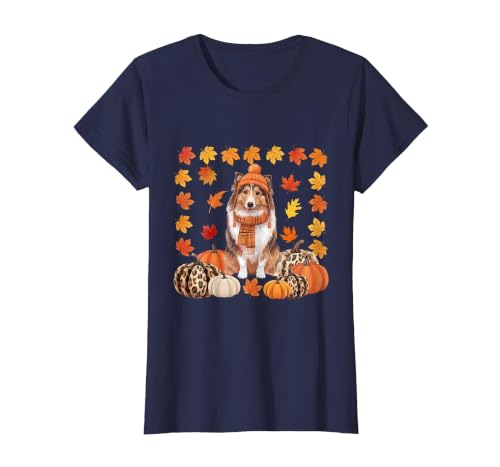 Shetland Sheepdog Sheltie Shop Sheltie Shetland Sheepdog Pumpkins Fall Leaves Halloween T-Shirt - size chart