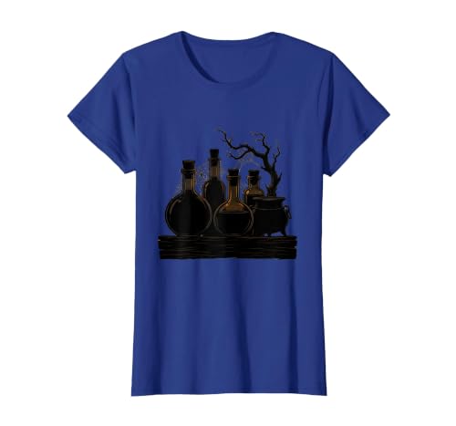 Mademark Vintage Halloween Potion Bottles Dusty Shelf T-Shirt - size chart